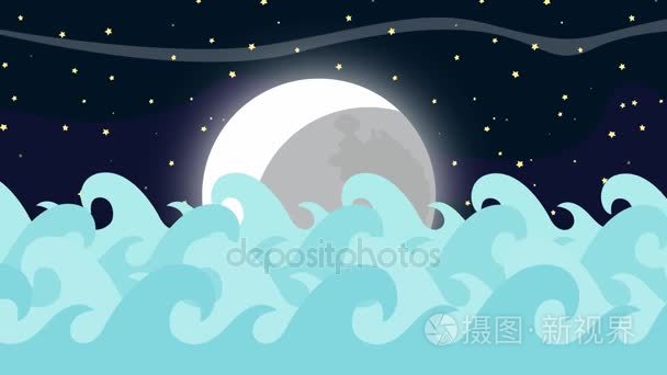 卡通矢量海浪与满月星光灿烂的夜晚