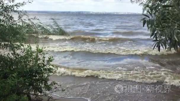 波浪风暴慢动作视频在河上。大河芦苇自然景观浪
