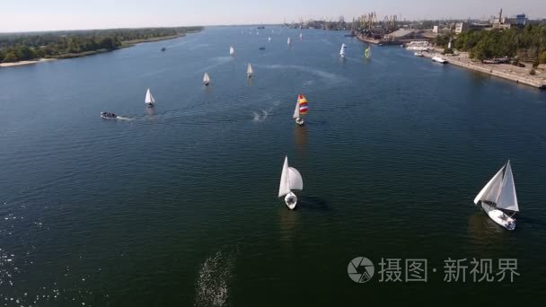 空中拍摄的帆船赛  许多游艇在 Dnipro 在夏季