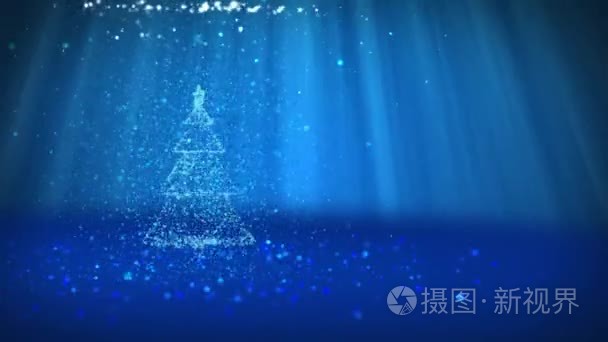 蓝色的圣诞树从发光的微粒在左边在广角射击。冬季主题为圣诞背景与复制空间。3d 圣诞圣诞树 V5 与闪光粒子自由度轻光旋转空间