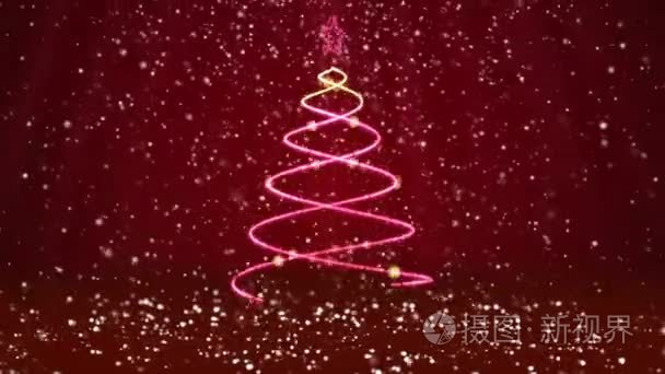 冬季主题为圣诞节或新年背景与复制空间。在 midframe 的发光颗粒中关闭圣诞树。红色3d 圣诞树 V4 与雪自由度旋转空间