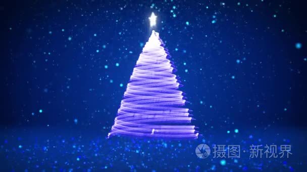 冬季主题为圣诞节或新年背景与复制空间。从 midframe 的颗粒中关闭圣诞树。蓝色3d 圣诞圣诞树 V9 与闪光颗粒的自由度