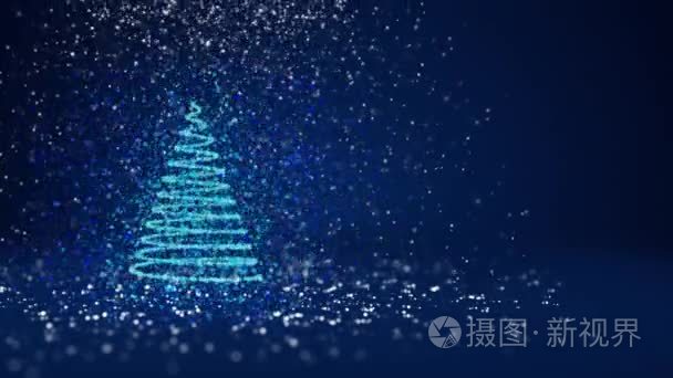 蓝色的圣诞树从发光的微粒在左边在广角射击。冬季主题为圣诞节或新年背景与复制空间。3d 圣诞树 V6 与雪自由度旋转空间