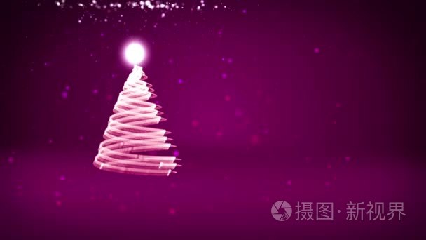紫色的圣诞树从发光的微粒在左边。冬季主题为圣诞背景与复制空间。3d 圣诞圣诞树 V9 与闪光粒子自由度旋转空间