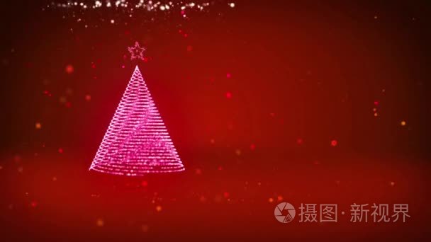 圣诞树从发光的闪亮颗粒在左在广角拍摄。冬季主题为圣诞背景与复制空间。红3d 圣诞树 V3 与闪光颗粒自由度旋转空间