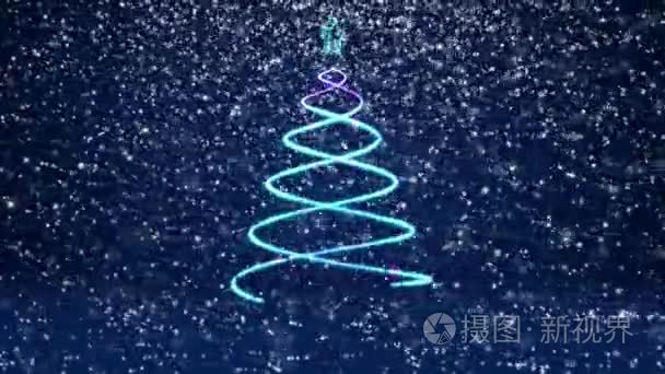 冬季主题为圣诞节或新年背景与复制空间。在 mid-frame 的发光颗粒中关闭圣诞树。蓝色3d 圣诞树 V4 与雪自由度旋转空间