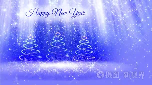 完成明亮的成分为新年背景与三3d 圣诞树从闪光的微粒  闪光  星。在蓝色背景下有像北极光和降雪这样的光线。v2