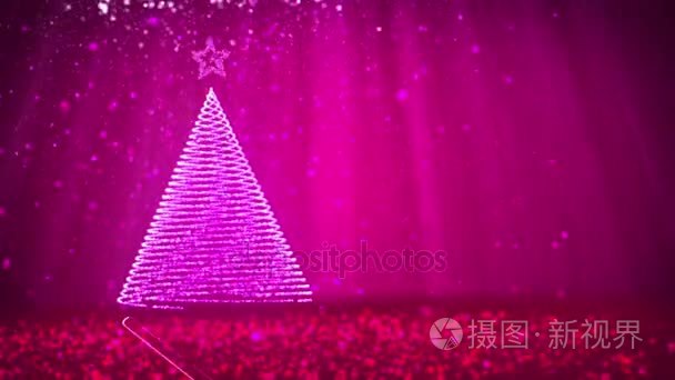 紫色的大圣诞树从发光的颗粒在左侧的屏幕。冬季主题为圣诞背景与复制空间。3d 圣诞圣诞树 V2 与闪光粒子的光照射