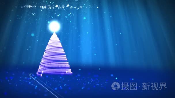 蓝色的圣诞树从发光的微粒在左边。冬季主题为圣诞背景与复制空间。3d 圣诞圣诞树 V9 与闪光粒子自由度轻光旋转空间