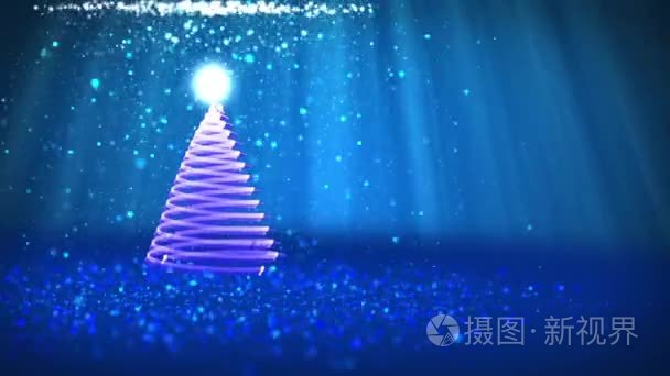 蓝色的圣诞树从发光的微粒在左边。冬季主题为圣诞背景与复制空间。3d 圣诞圣诞树 V8 与闪光粒子自由度轻光旋转空间