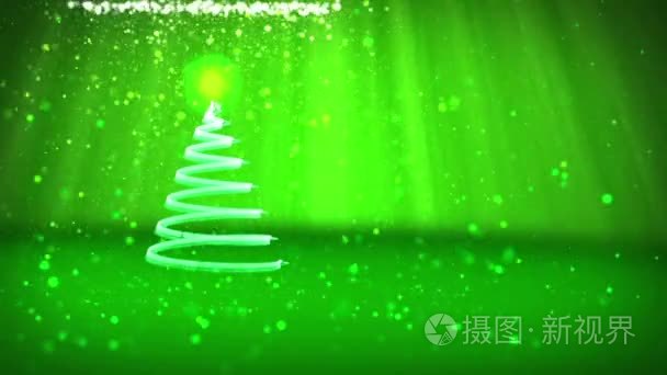 绿色的圣诞树从发光的微粒在左边在广角射击。冬季主题为圣诞背景与复制空间。3d 圣诞圣诞树 V7 与闪光粒子的光照射