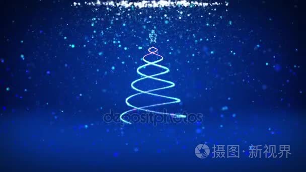 广角拍摄的冬季主题圣诞或新年背景与复制空间。来自 mid-frame 的粒子的圣诞树。蓝色3d 圣诞圣诞树 V4 与闪光颗粒自由