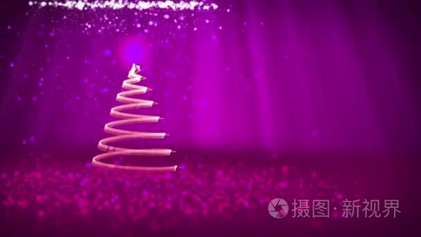 紫色的圣诞树从发光的微粒在左边在广角射击。冬季主题为圣诞背景与复制空间。3d 圣诞圣诞树 V7 与闪光粒子自由度轻光旋转空间