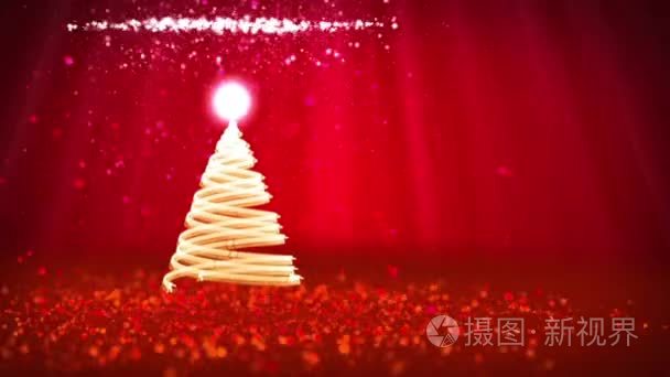 红色的圣诞树从发光的微粒在左边。冬季主题为圣诞背景与复制空间。3d 圣诞圣诞树 V9 与闪光粒子自由度轻光旋转空间