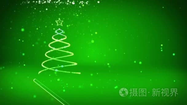 绿色的圣诞树从发光的微粒在左边在广角射击。冬季主题为圣诞背景与复制空间。3d 圣诞圣诞树 V4 与闪光粒子自由度旋转空间