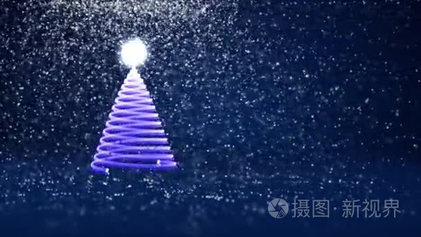 蓝色的圣诞树从发光的微粒在左边。冬季主题为圣诞节或新年背景与复制空间。3d 圣诞树 V8 与雪自由度旋转空间