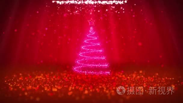 广角拍摄的冬季主题圣诞或新年背景与复制空间。来自 mid-frame 的粒子的圣诞树。红色的3d 圣诞圣诞树 V1 与闪光的微粒
