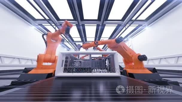 Beautiful Robotic Arms Assembling Computer Cases On Conveyor Bel