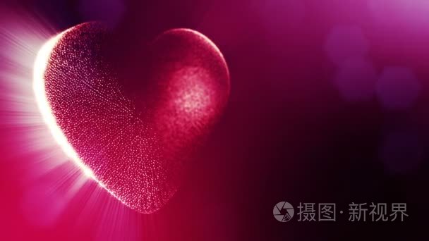循环3d 动画的辉光粒子形成3d 红心与景深和散。用于情人节或婚礼背景作为无缝背景的文字和光线的空间。V32