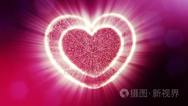 循环3d 动画的辉光粒子形成3d 红心与景深和散。用于情人节或婚礼背景作为无缝背景的文字和光线的空间。V43