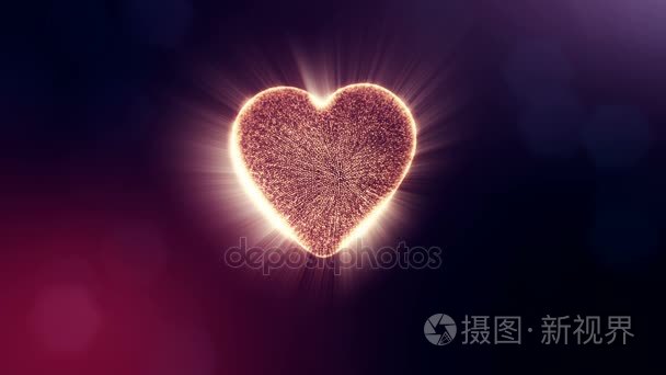 循环3d 动画的辉光粒子形成3d 红色的心与景深和散在黑暗的背景。用于情人节或婚礼背景作为无缝镜头。V13