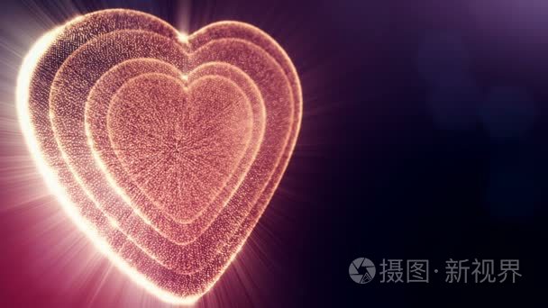红色心脏为情人节或婚礼背景作为无缝素材以景深和散在黑暗的背景。循环3d 动画的辉光粒子形成3d 红心。V10