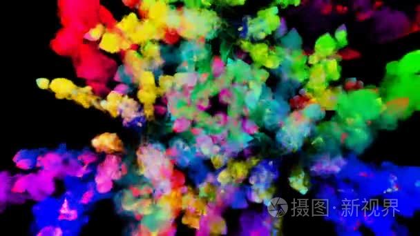 黑色背景下的粉末爆炸。3d. 将粒子动画作为彩色背景或叠加效果。彩虹色粉为明亮的展示如节日。7