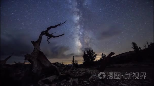 在森林里的石河岸。夜空的星空在地面上旋转。天空漂浮的云彩。太阳从地平线升起, 黑暗降临