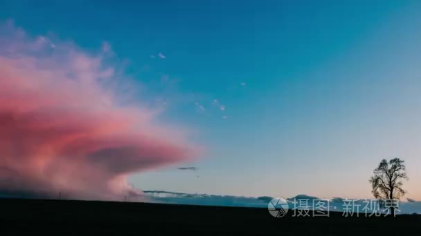 日出时 Timelapse 孤树生长的时间推移时间推移。清晨日出的天空在漆黑的乡间草地上风景。春天自然