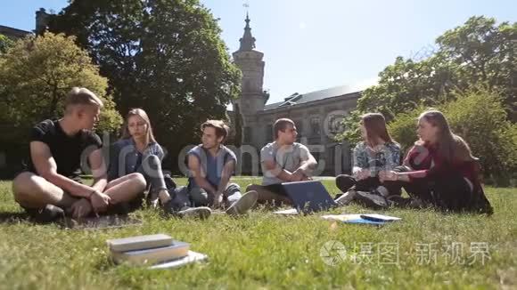 一群学生在校园草坪上聊天视频