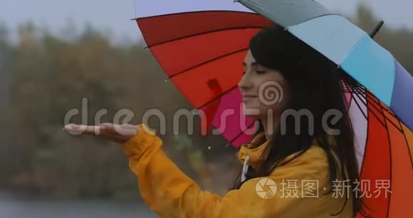 女人在伞下抓住雨滴视频