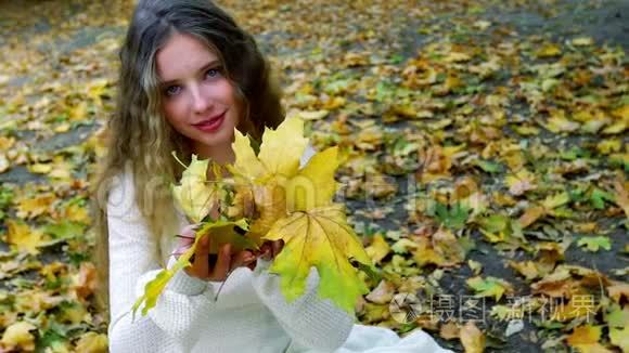 秋天的女孩吹着一束落叶视频