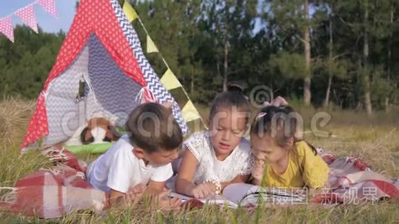 孩子们在大自然中休息，小可爱的朋友喜欢在森林里休息，在野餐时读有趣的书