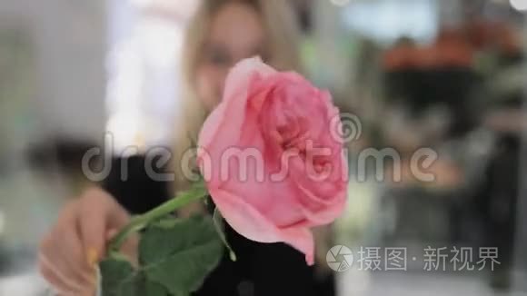 花商女人闻着粉红色的玫瑰视频