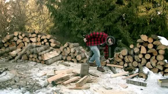 冬天森林里的伐木工人视频