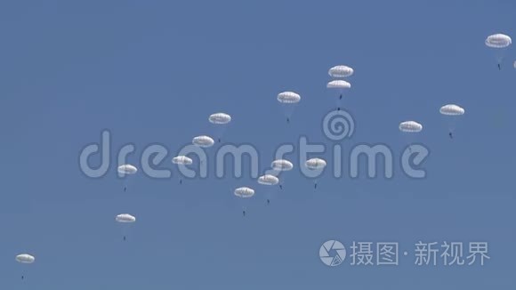 一支由军人组成的伞兵分队从天空降落到地面，对抗蓝天