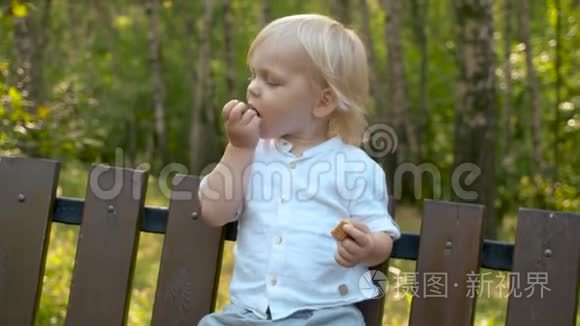 滑稽幼儿吃饼干的肖像画视频