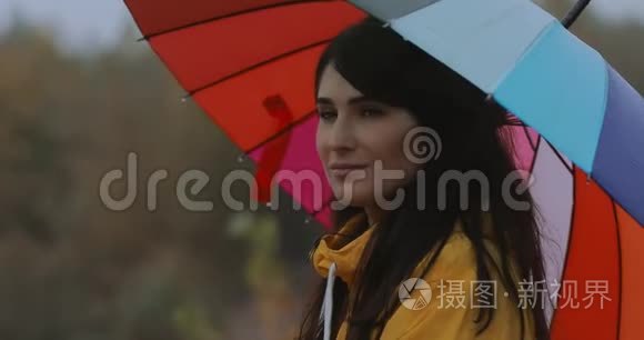 女人在伞下享受秋雨视频