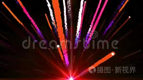 无缝动画抽象的彩色红光火球和烟花射向天空和闪亮的粒子轨迹线