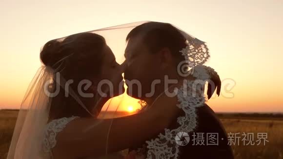 年轻的已婚夫妇在日落时亲吻和拥抱。 男女婚姻生活