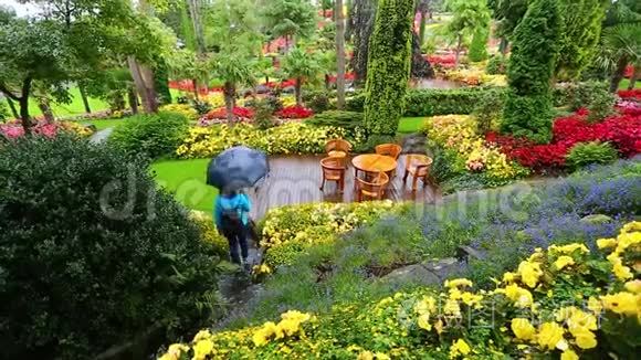 带着雨伞的女人在花园里视频