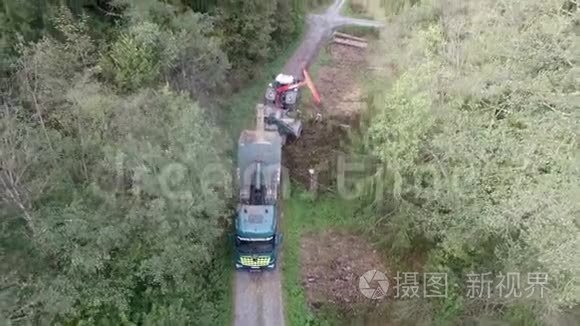 从森林机器装载碎木的卡车视频