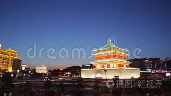 中国西安钟楼夜景时间