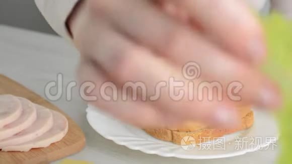 女人用新鲜食材做三明治视频