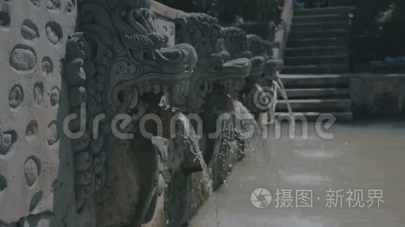 从巴厘岛温泉的龙雕流出的水视频