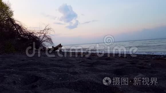 清晨美丽的海滩岸上的小波浪。 白天度假海滩目的地夏季黎明