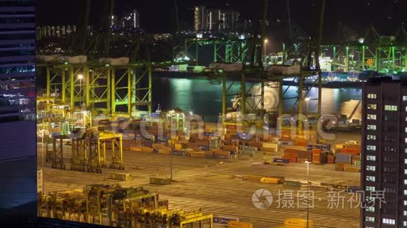 新加坡夜间集装箱码头时间推移视频