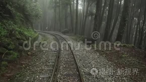 台湾雾霭雾霾雾霭的阿里山风景区森林废弃铁路