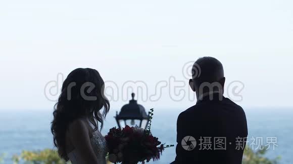 新郎和新娘的剪影牵手向前看视频