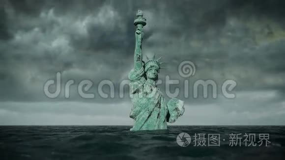 天启水景.. 暴风雨中的自由女神像。 3D动画